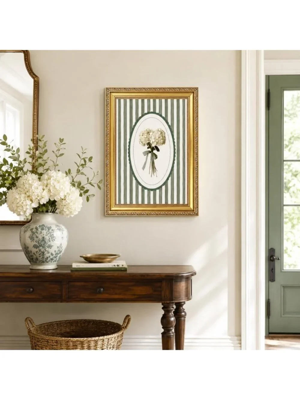 Vintage Botanical Wall Art Print, Green Floral Canvas with Gold Frame, Home